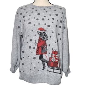 Kiss & Fly Gray Polka-Dot Christmas Sweatshirt, Size Small